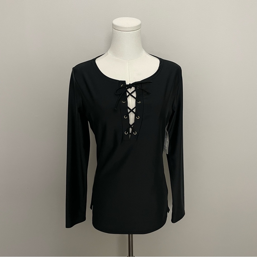 Old Navy Rashguard Swim Top Long Sleeve Lace Up Chest Long Tankini 50 UPF Black